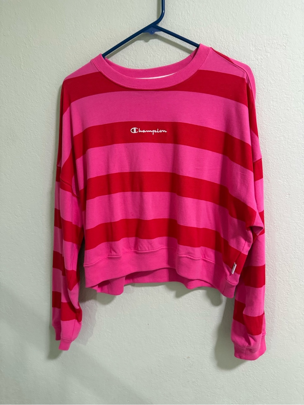 Champion Pink Red Stripe Cropped Sweatshirt Logo Embroidered Sz S
